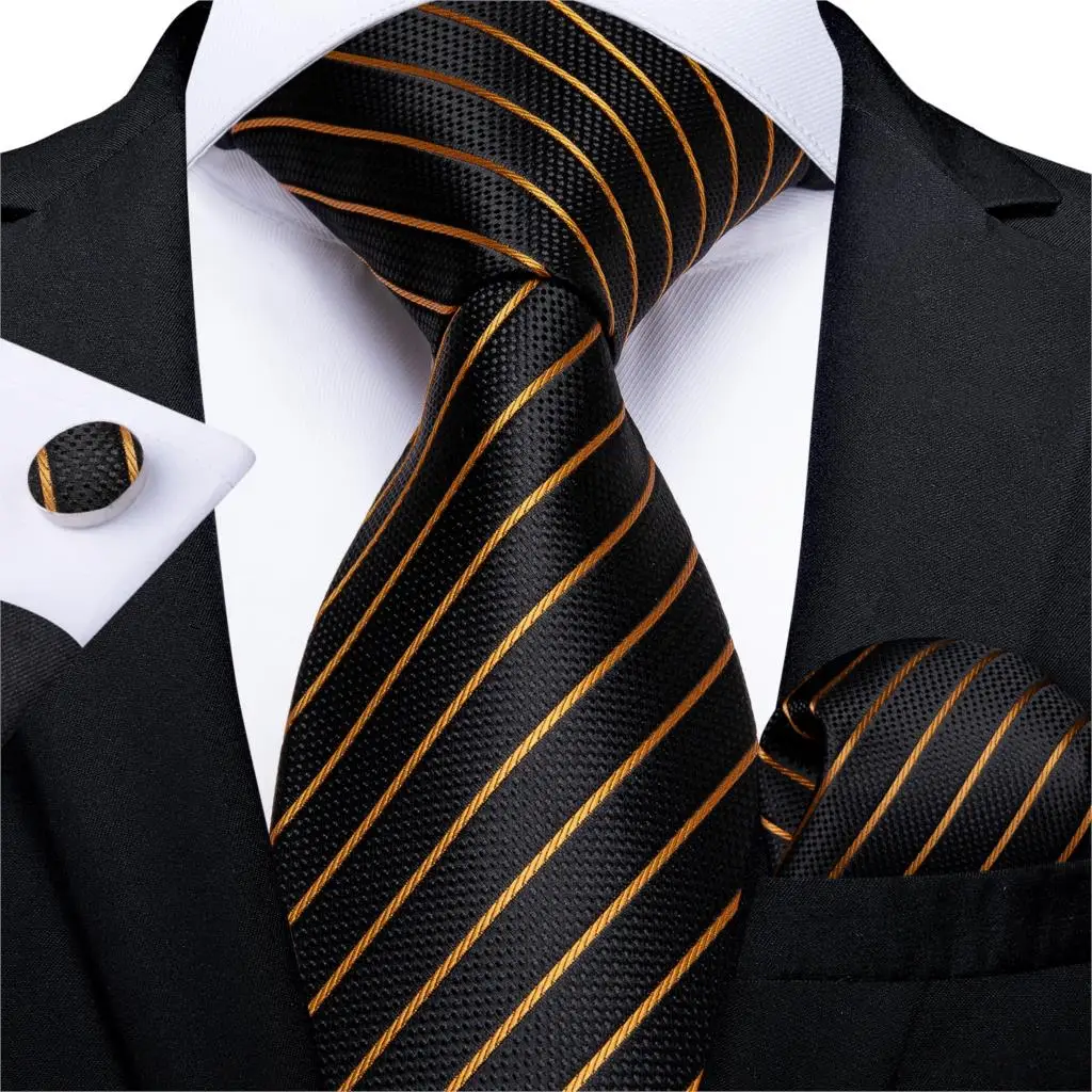 DiBanGu Designer Mens Wedding Tie Gold Black Striped Silk Neck Ties For Men Hanky Cufflinks Set Business Party Gravatas - Image 2