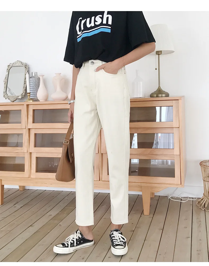 Women Winter Harem Jeans Fashion High Waist Plus Velvet Loose Vintage Beige Denim Pant Thick Warm Boyfriend Jeans For Women