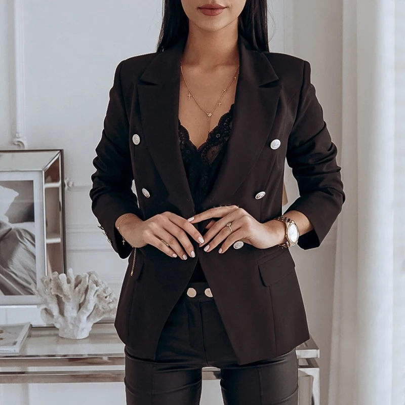 

Womens Metal Buttons Lapel Blazer Double Breasted Female Slim Fit Blazer Jacket Ladies Casual Office Long Sleeve Coat Outwear