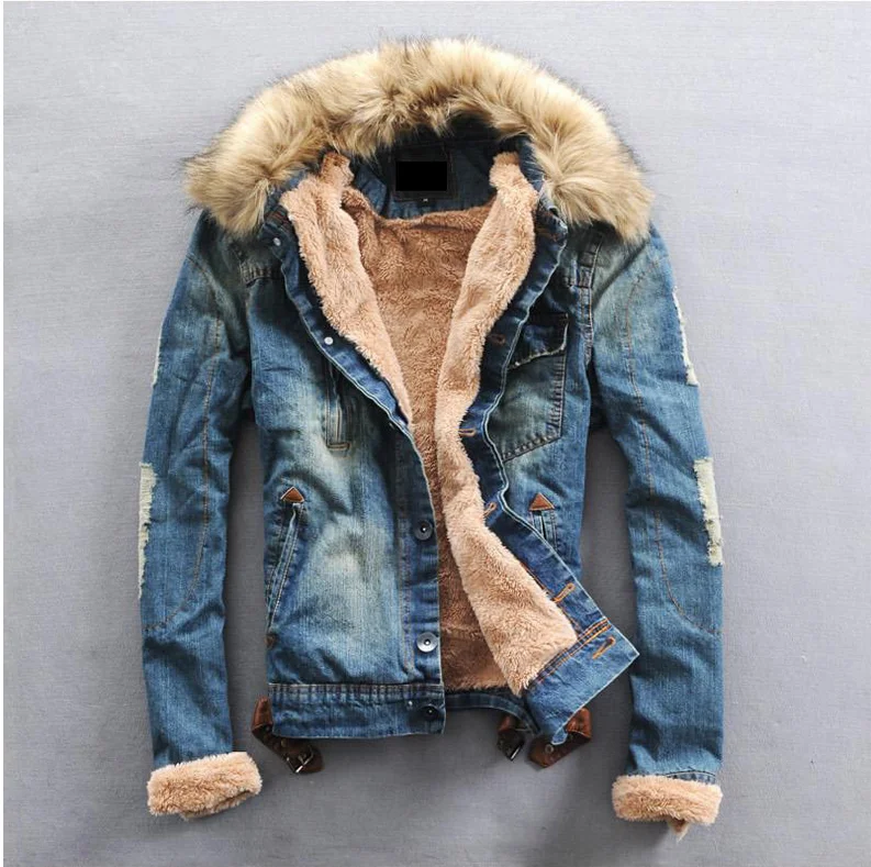 

Men's Wash Cowboy Jacket Even Hatband Hat Male Wear Loose Coat Fashion Clothing Denim Jackets Fur Collar Warm Overcoat