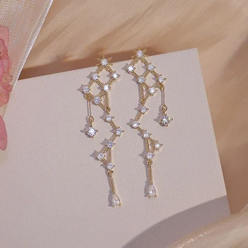 

Cute Romantic Big Dipper Shape Tassel Earring for Women 14K Real Gold AAA Zirconia Drop Earrings Wedding Jewelry for Bridal