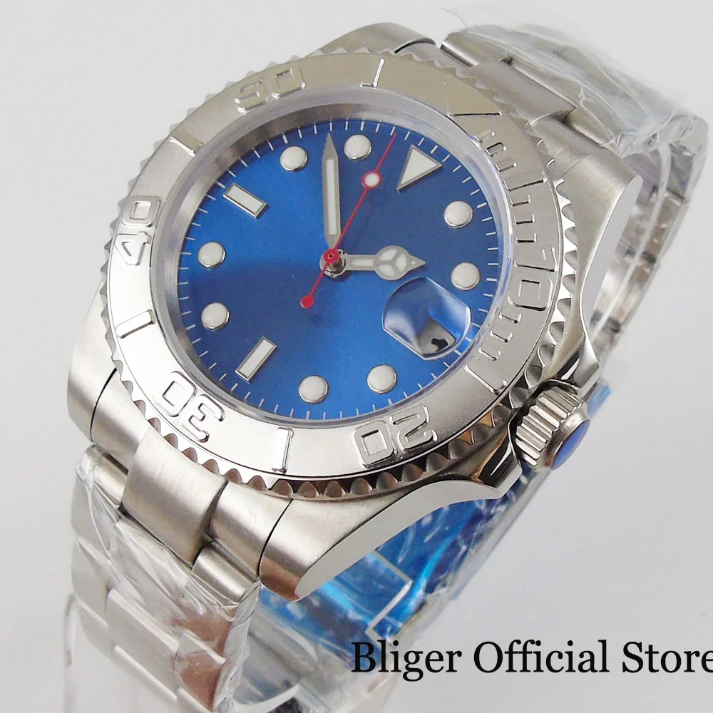 

BLIGER Men Watch Self Winding Men Wristwatch Blue Second hand NH35 MIYOTA 8215 Oyster Strap Grey Insert Sapphire Crystal Screw