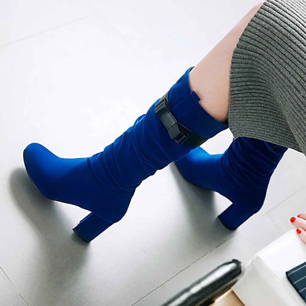 Pure Color Round Toe Slip-On Martin Boots Chunky Heels Vintage Women Boots zapatos de mujer European Ladies party red shoes