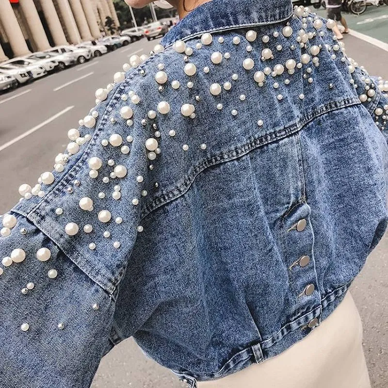 

Spring Coats and Jackets Women Korea Sweet Pearl Decor Denim Jacket Short Jacket Pearls Long Sleeve Casual Pockets Loose Clothes