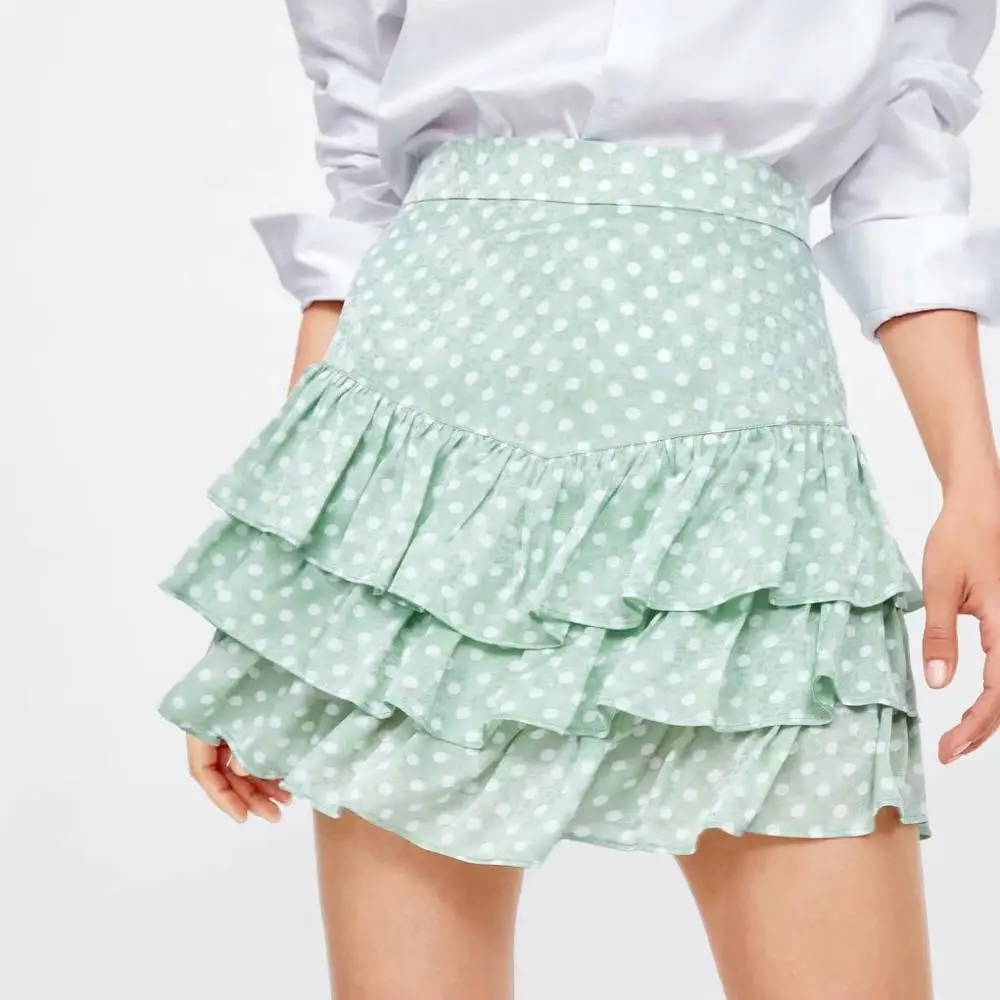 

Mini Ruffle Women Skirt Summer Polka Dot Pleated High Waist Light Green Sweet Skirts Tutu For Girls
