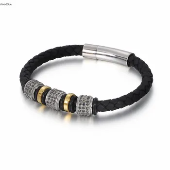 

2019 Fashion Beading Leather Bracelets Bangle Men Punk Street Stainless Steel Bangles Simple Trendy Men Bangle