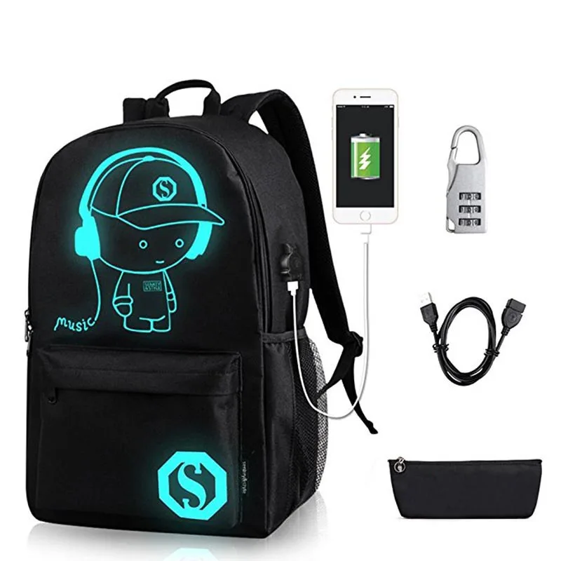 cheap New Student School Bag Backpack Anime Luminous For Boy girls Daypack Multifunction USB Charging Port and Lock School Bag Black