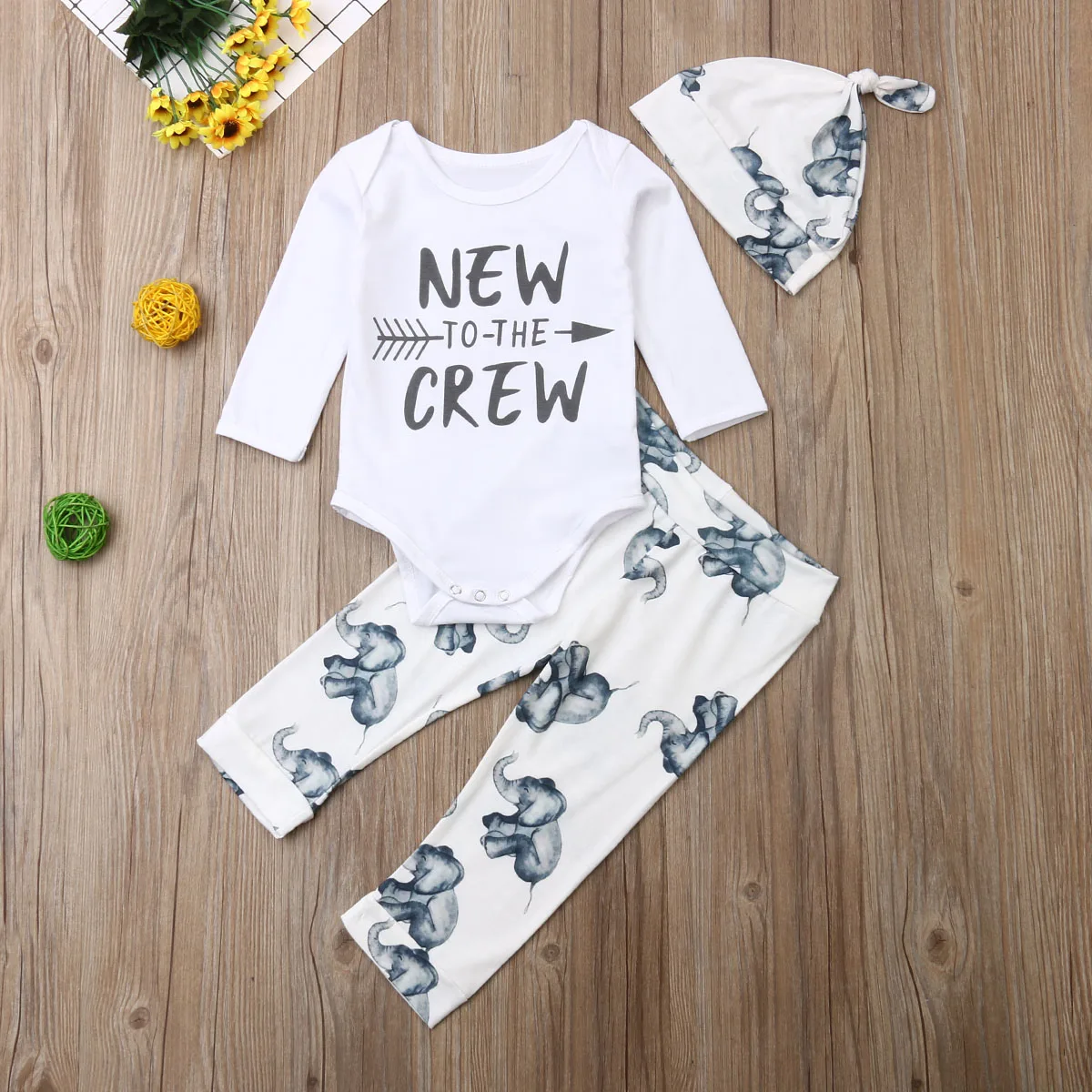 Комплект из 3 предметов, хлопковый комбинезон с длинными рукавами для новорожденных девочек и мальчиков, штаны с изображением слона и шапочки комплект одежды для малышей, унисекс