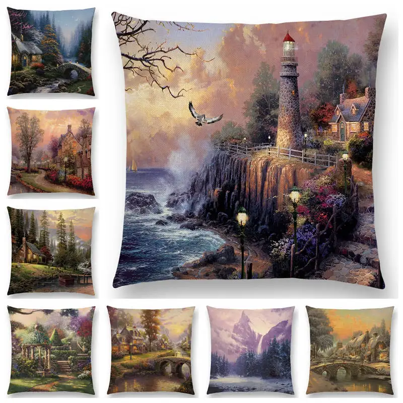 

Forest Rivers Countryside Fields Gardens Scenery Painting Beautiful Fairy Tale Season Cushion Cover Decorative Pillow Case