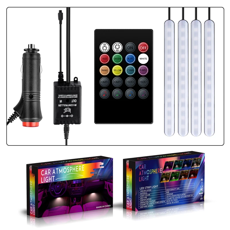 4 шт. Автомобильная RGB Светодиодная лента с дистанционным управлением RGB разноцветная Светодиодная лента декоративный дизайн автомобиля неоновый свет комплект 12 В