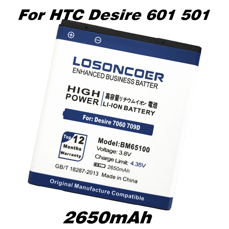 Аккумулятор LOSONCOER BM65100 на 2650 мА · ч для HTC Desire 601 501 510 619D Зара 700 7060 6160 7088 E1 603e |