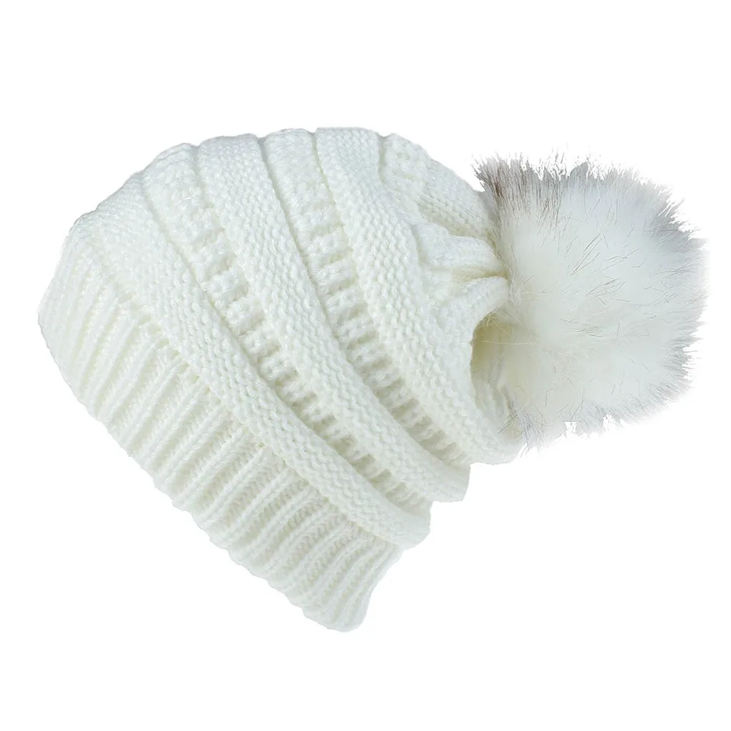 Новая женская теплая зимняя шапочка для волос, вязаная шерстяная шапочка, шапка для катания на лыжах, шапочка с помпоном, плоский уплотнитель для бейсбола - Цвет: White