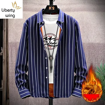 

Men Autumn Winter Warm Business Slim Striped Shirt Plus Size 5XL Street Casual Long Sleeve White Blue Gray Tops Shirts
