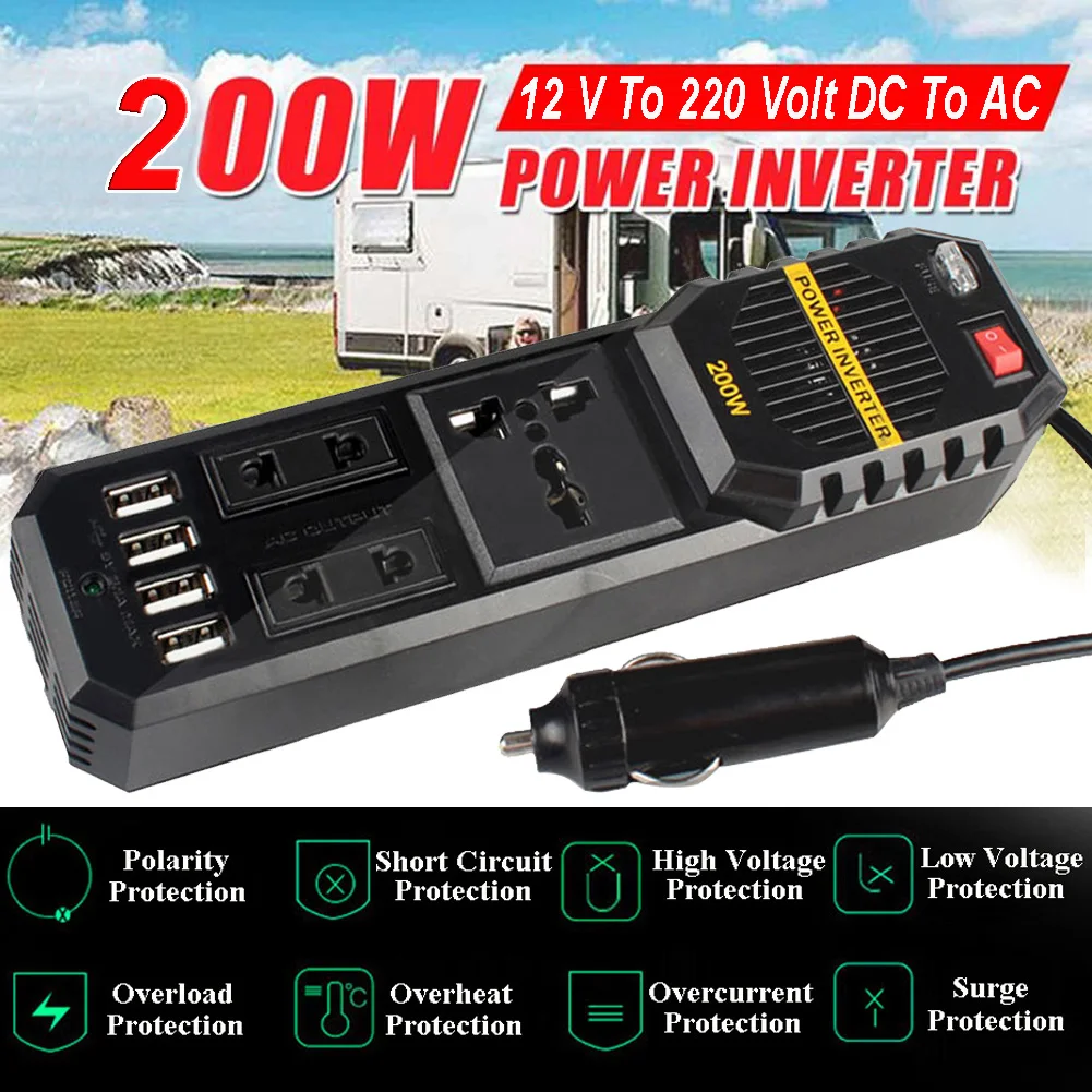 200 W Watts Car Cigarette Inverter 12 V to 220 Volt DC AC Converter 4 USB 3.1A Charger Wave Auto Adapter Voltage Transformer | Автомобили