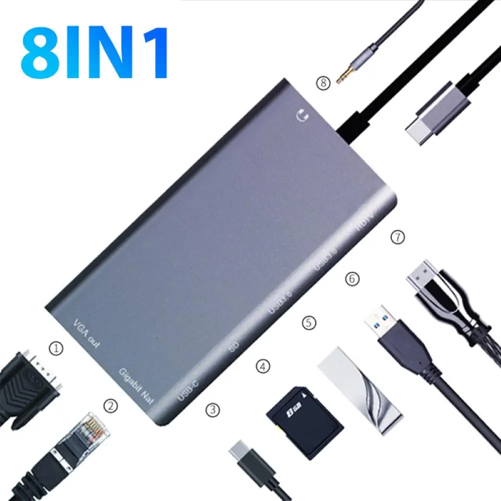 8 в 1 type-C к RJ45 4K HDMI VGA USB 3,0 слот-Док для карт Micro-SD адаптер концентратор Прямая поставка