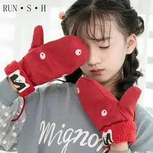 Перчатки из замши с милым мультяшным принтом, утепленные бархатом зимние новые двухслойные перчатки с круглым вырезом, сохраняющие тепло