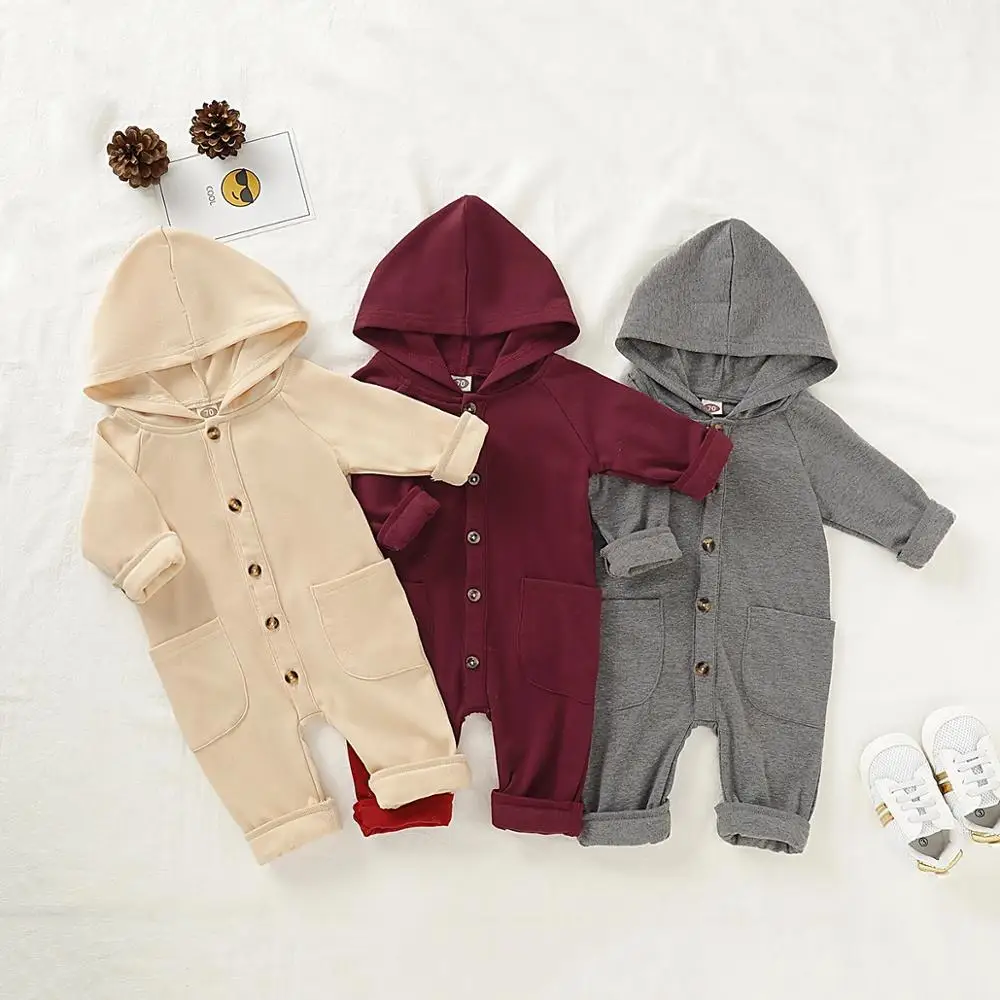 

PatPat 2020 New Spring and Autumn Baby Boy and Girl Solid Cardigan Hooded Long-sleeve Jumpsuit One Pieces