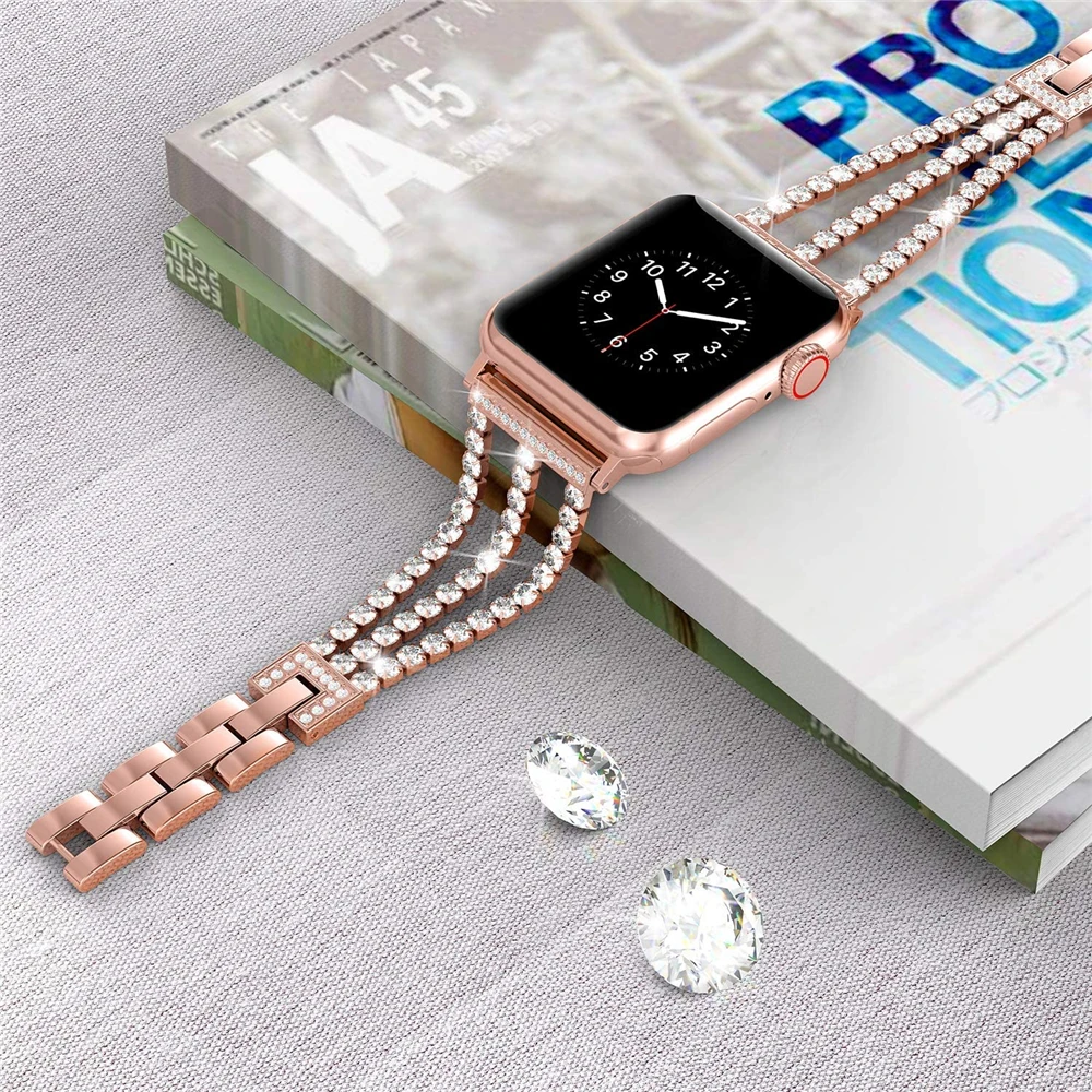Ремешок металлический для Apple Watch 3 band 44 мм 40 цепь с бриллиантами iWatch serise 5 4 2 watch 6 38 42 мм|Ремешки часов| |