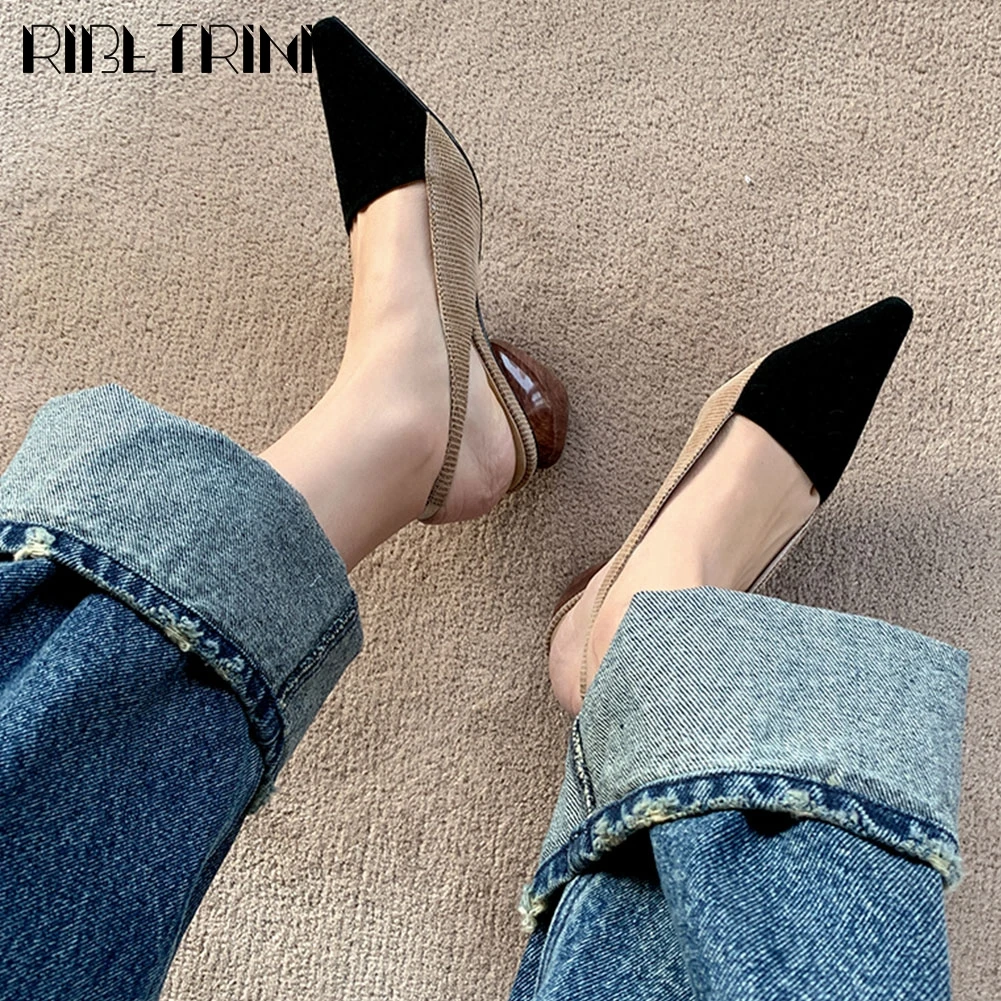 

RIBETRINI Ladies Office Sexy Genuine Leather Suede Shoes Woman Elegant Brand Patchwork Sandals Women High Strange Heel Sandals