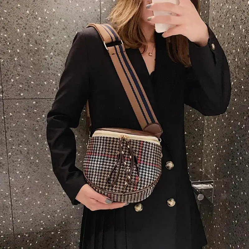  Women Fashion Woolen Shell Messenger Bag Women Semicircle Wide Band Zipper Crossbody Bag Money Phon - 4000134261656