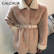 GALCAUR, корейское меховое пальто для женщин, воротник с лацканами, длинный рукав, высокая талия, пояса, большие размеры, Осень-зима, пальто, женская мода, новая одежда
