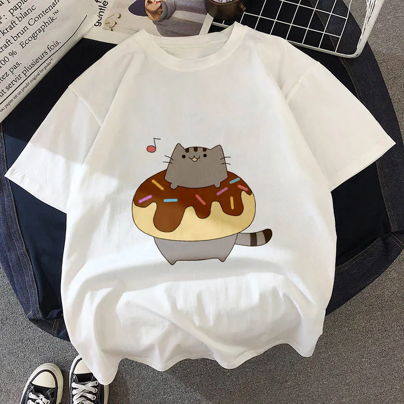 Kawaii, футболка с толстым котом, женская, новинка, летняя, милая, модная, короткий рукав, футболка, белая, тонкая, с секциями, хипстер, футболка, Топы, одежда