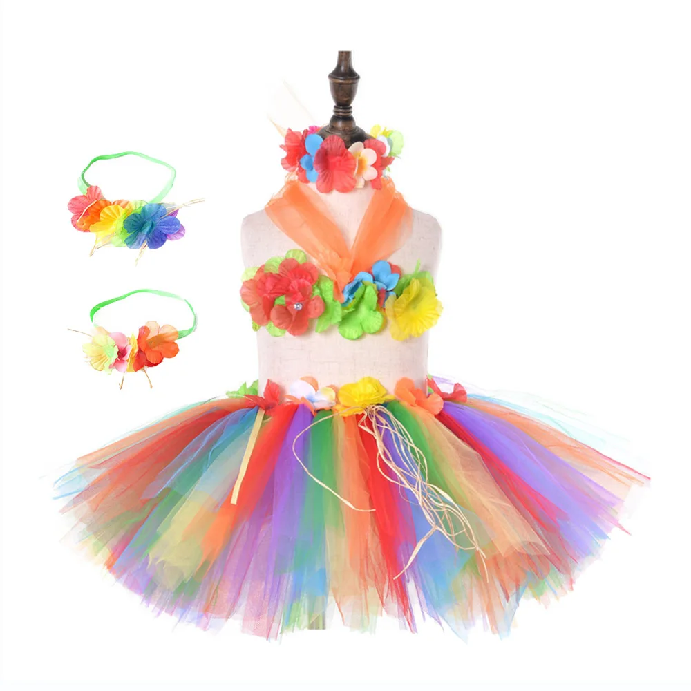 Fluffy Hawaiian Flower Tutu Skirt for Girl Baby Birthday Party Hawaiian Skirt Children Photo Shoot Skirts Set 4pcs with Fringes (1)