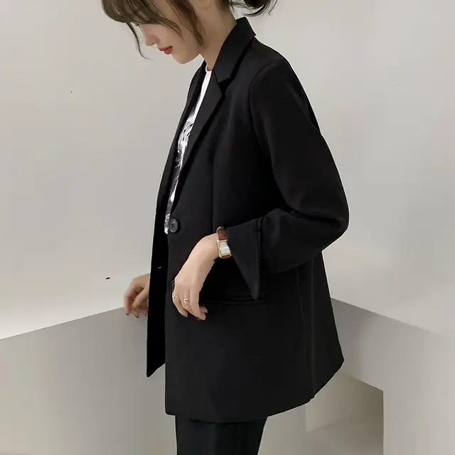 PEONFLY 2021 Elegant Black Single Breasted Women Blazer Fashion Solid Color Loose Office Ladies Tops Outerwear Female Jacket 1