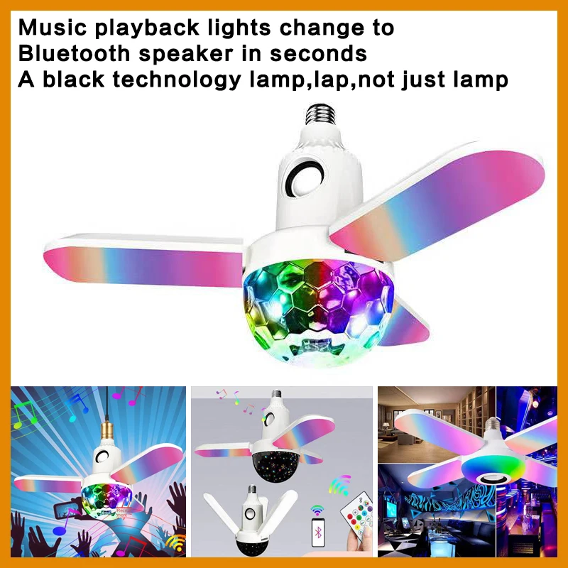 50W LED Four-leaf Music Lamp Bluetooth Colorful Sound Control Folding Bulb Lamp Deformable Ceiling Fixture Lights With Remote