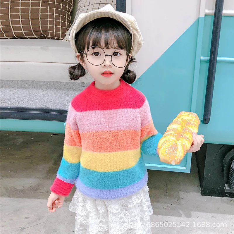 

Girls Rainbow Sweater Pullover 2019 New Children Color Stripes Base Shirt Mink Cashmere Online Celebrity GIRL'S Woollen Sweater