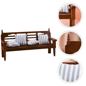

1 Set of Mini Wooden Multi-user Chair Model Creative Adornment with Pillow