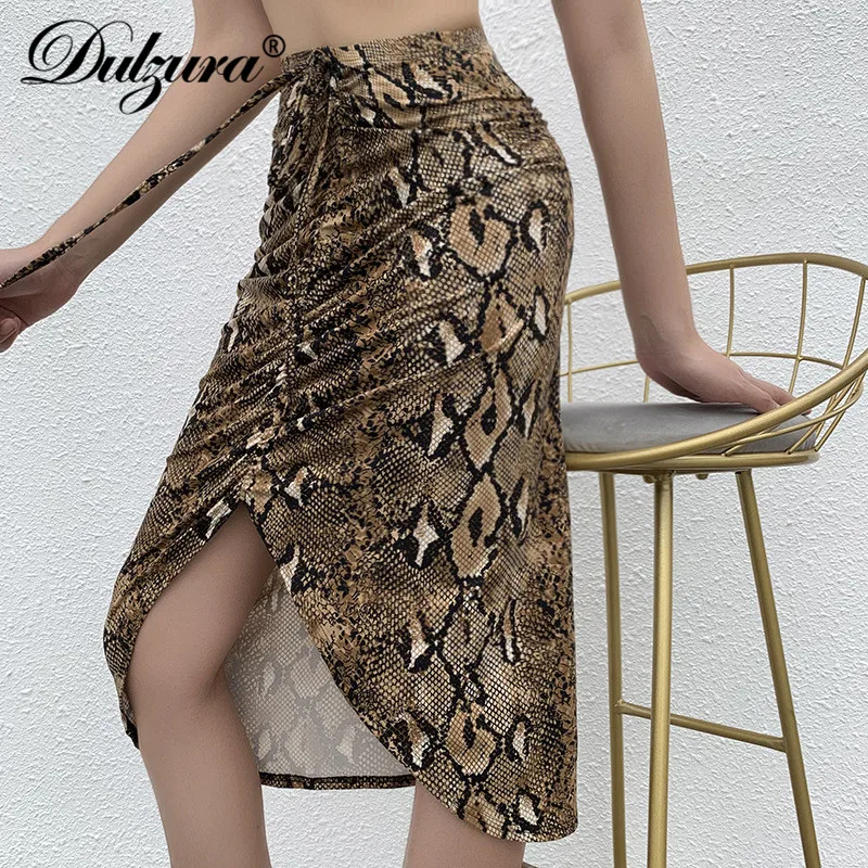 Dulzura Змеиный принтом принт миди юбкой юбка Бандажное Плиссированное облегающее обтяжку разрез сексуальные шнурок на осень-зиму уличная одежда праздничная одежда офисное офисные офис