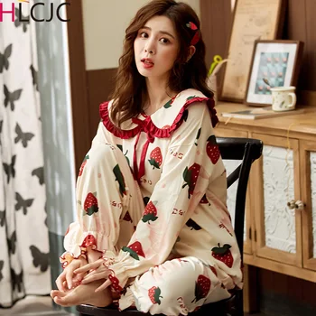 

Big Size M-XXXL Autumn Winner Pajamas Sets for Women 100% Cotton Long Sleeve Nightwear Female Lady Home Chothes Pyjamas Femme