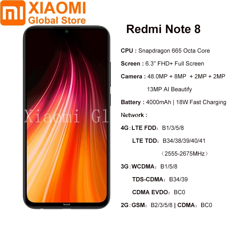 Xiaomi Redmi Note 8 с глобальной версией, 4 Гб ОЗУ, 64 Гб ПЗУ, мобильный телефон, Восьмиядерный, быстрая зарядка, аккумулятор 4000 мАч, камера 48 МП, смартфон