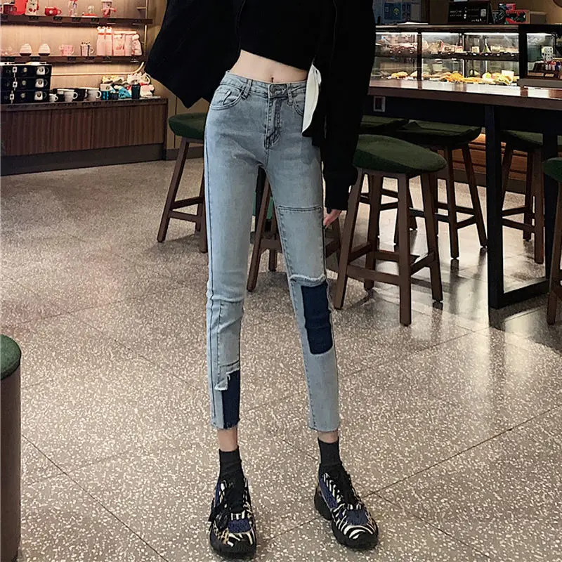 

Ladies Irregular Stitching Nine Pencil Pants Retro High Waist Slim Slim Stretch Feet Mom Jeans Boyfriend Jeans