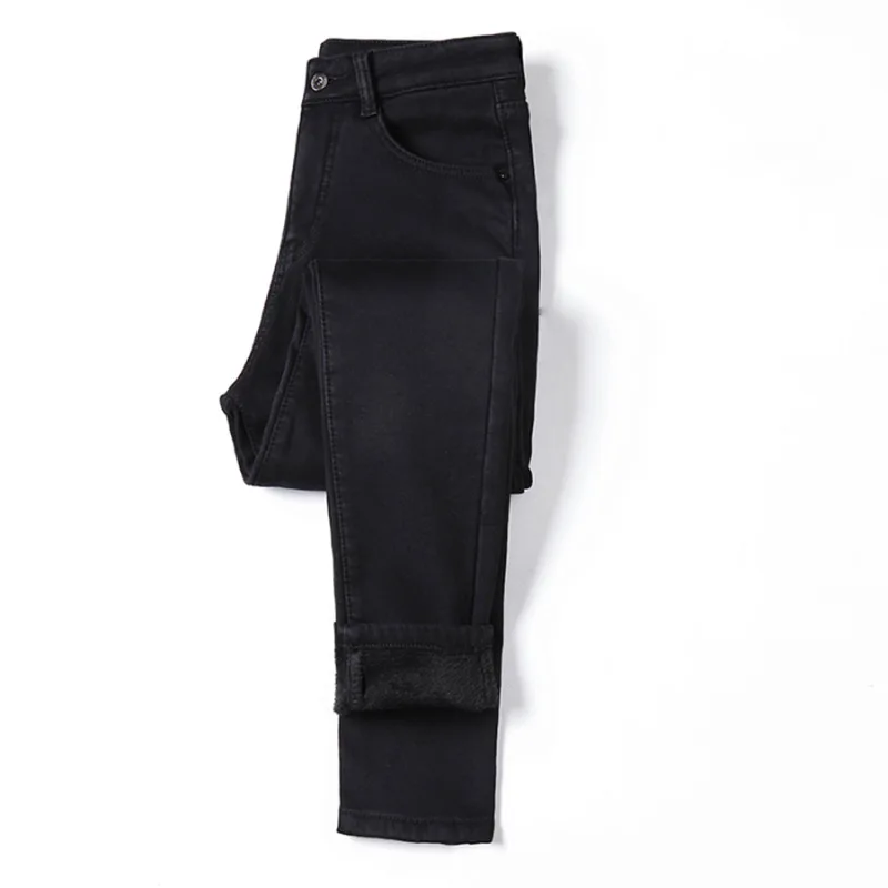black-black GBYXTY, плюс размер, джинсы, зимние, толстый флис, джинсы для женщин, высокая талия, тянущиеся, обтягивающие, мех, узкие, джинсовые штаны, Trousres ZA1849 - Цвет: black-black