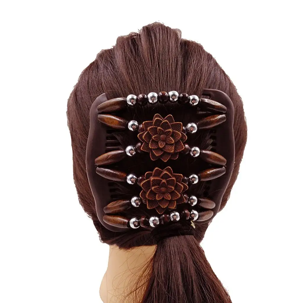 Double Stretch Hair Combs Woman With Wood Beads Vintaje Woman Lady Elastic Clip