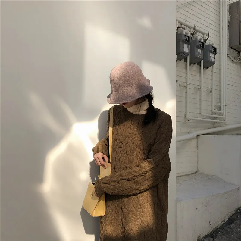 RUGOD, шикарное, простое, ретро, корейское, вязанное, макси платье, твист, узор, сплошной, полный рукав, Топ для женщин, трикотаж, повседневные, женские платья