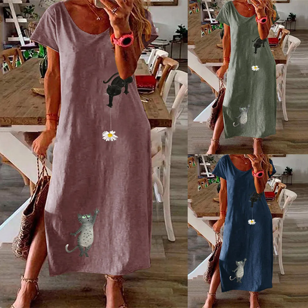 Fashion Women Dress Plus Size Pullover O-Neck Cotton and Linen Cat Print Short Sleeve Open Fork Long Dress Vintage Женский 1