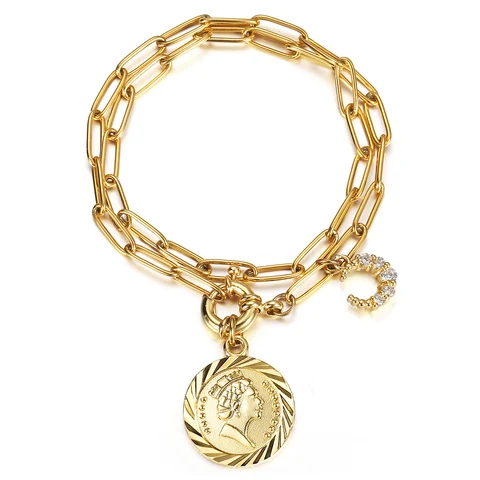Chic Double Layered Gold Color Paperclip Chain Bracelet for Girls CZ Moon Round Elizabeth Queen Charms Female Jewelry DB308
