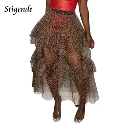 Stigende летняя сексуальная прозрачная леопардовая юбка с принтом женская прозрачная сетчатая длинная юбка с оборками тонкая высокая Талия
