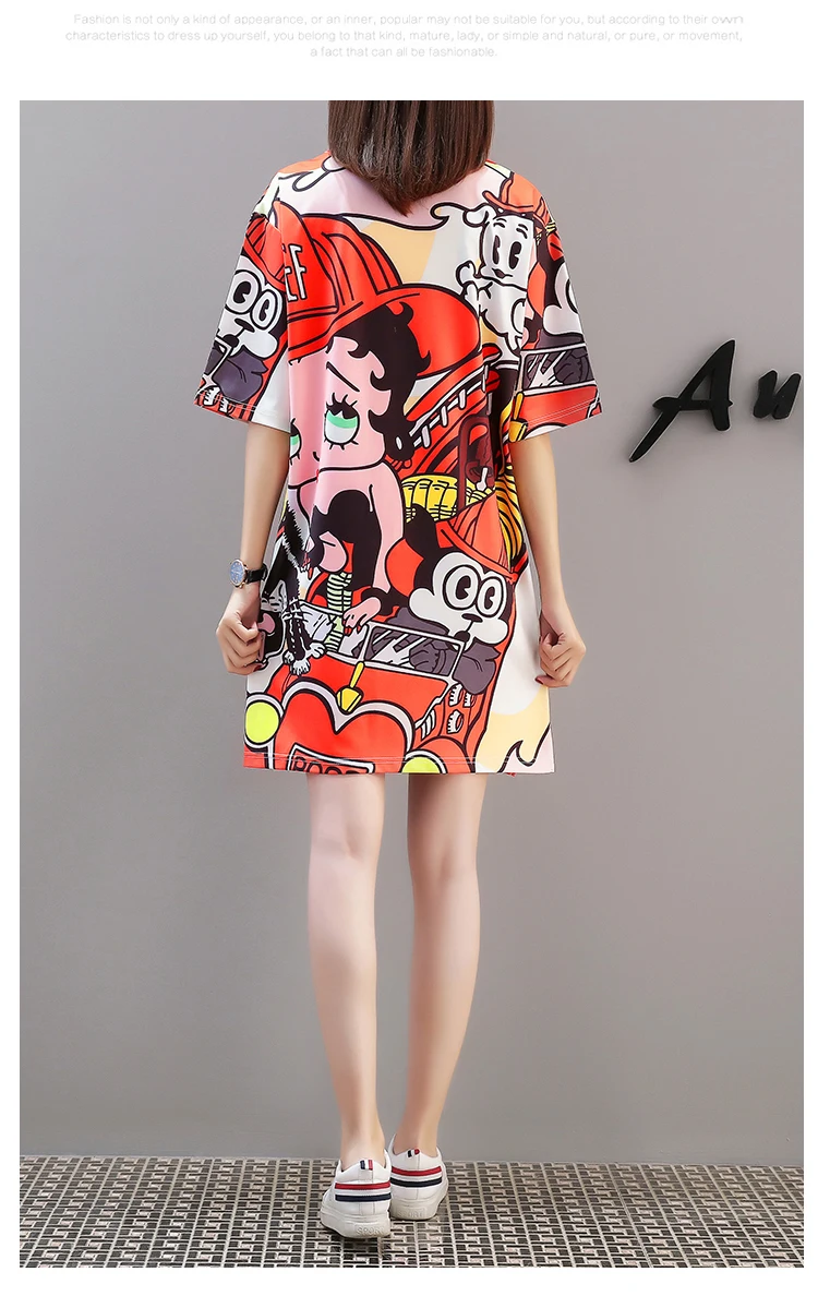 QING MO платье с мультяшным принтом женская футболка с коротким рукавом летняя длинная футболка с разрезом Женские повседневные топы Макси Хлопковое платье QF674