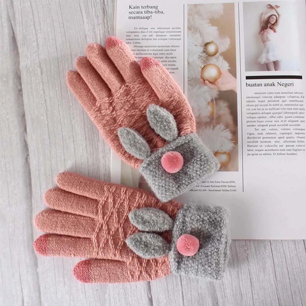 light pink Милые вязаные перчатки с заячьими ушками, женские утепленные зимние перчатки с сенсорным экраном, мягкие эластичные вязаные рукавицы - Цвет: light pink