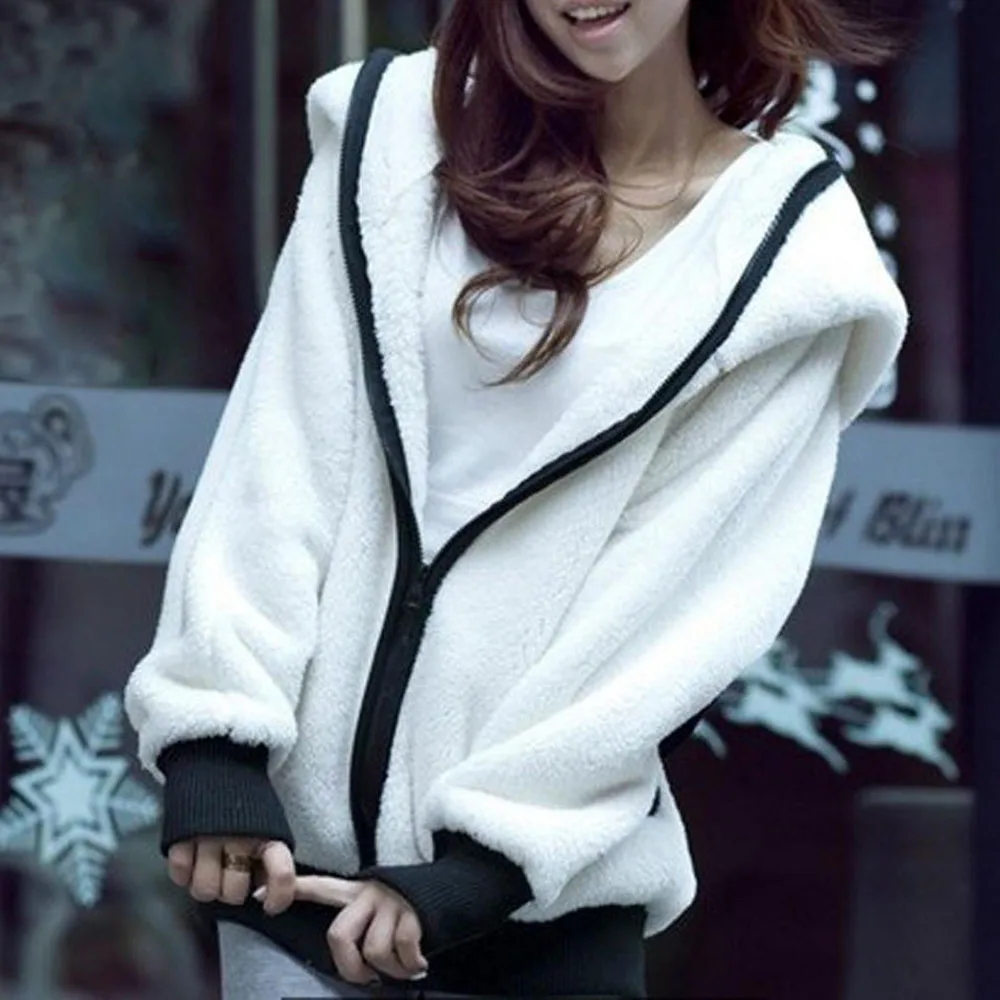 

Winter Fleece Jacket 2020 NEW Panda Design Women Hooded Casual Cute Black Ear White Plush Coat Warm Zipper Fashion Outwear