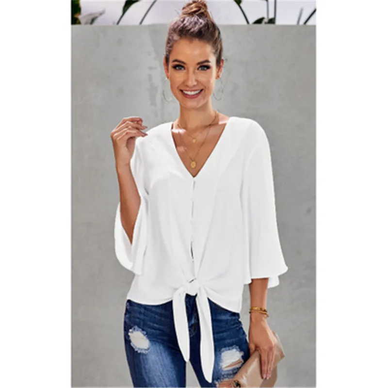Женская блузка лето Осень Сексуальная v-образным вырезом однобортный три