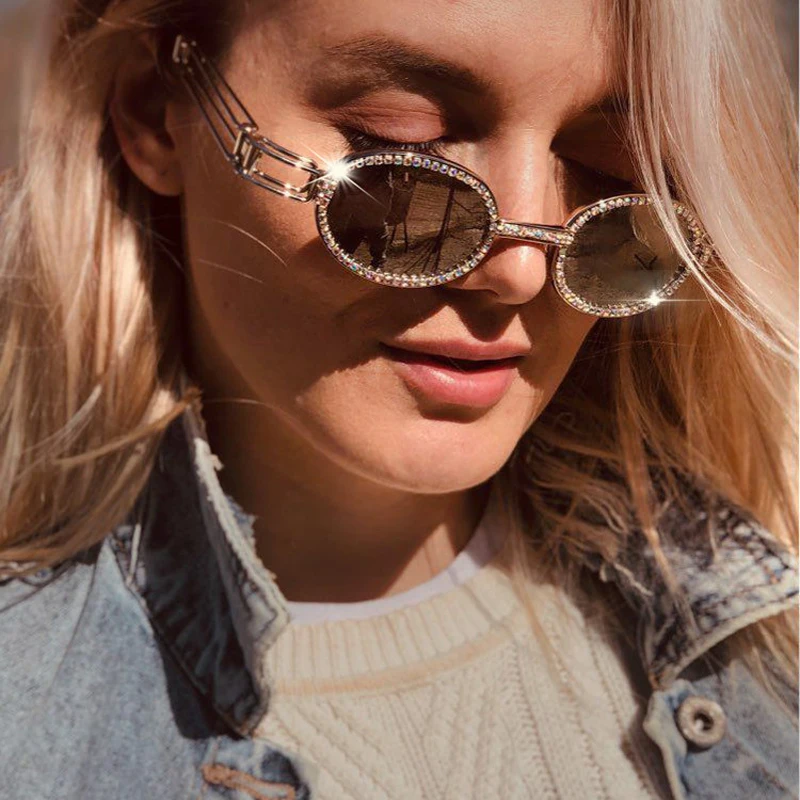 

MIZHO Narrow Original Celebrity Oval Sunglasses Women Tiny Crystal Trendy Retro Full Star UV400 Sun Glasses Prom festival