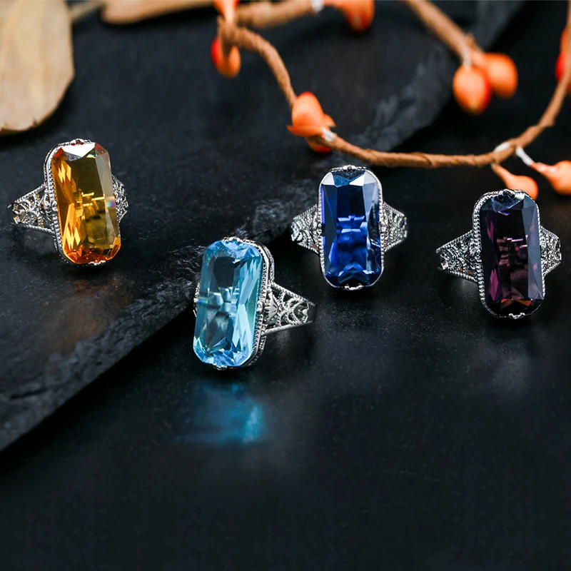 Anillo de piedras preciosas de amatista grande de 10x20mm para mujer, 925 anillos de plata esterlina ahuecado, joyería de mano de plata exagerada