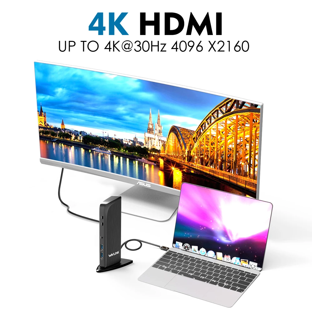 Wavlink Универсальный USB C двойной дисплей док станция с 4K HDMI DVI Gigabit RJ45 60 Вт PD для