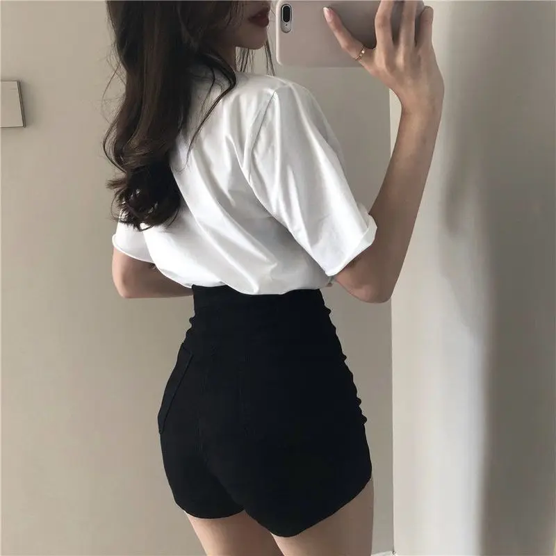 Black High-Waist Denim Sports Shorts Women Summer New Sexy Tight-Fitting Thin Stretch Long-Legged Hot All-Match Bag Hip Shorts
