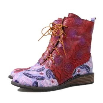 

Embossed Women Boots Rose Genuine Leather Splicing Low 1-3CM Flat Heel Lace Up Ankle Boots Elegant Ladies Shoes Women Shoes